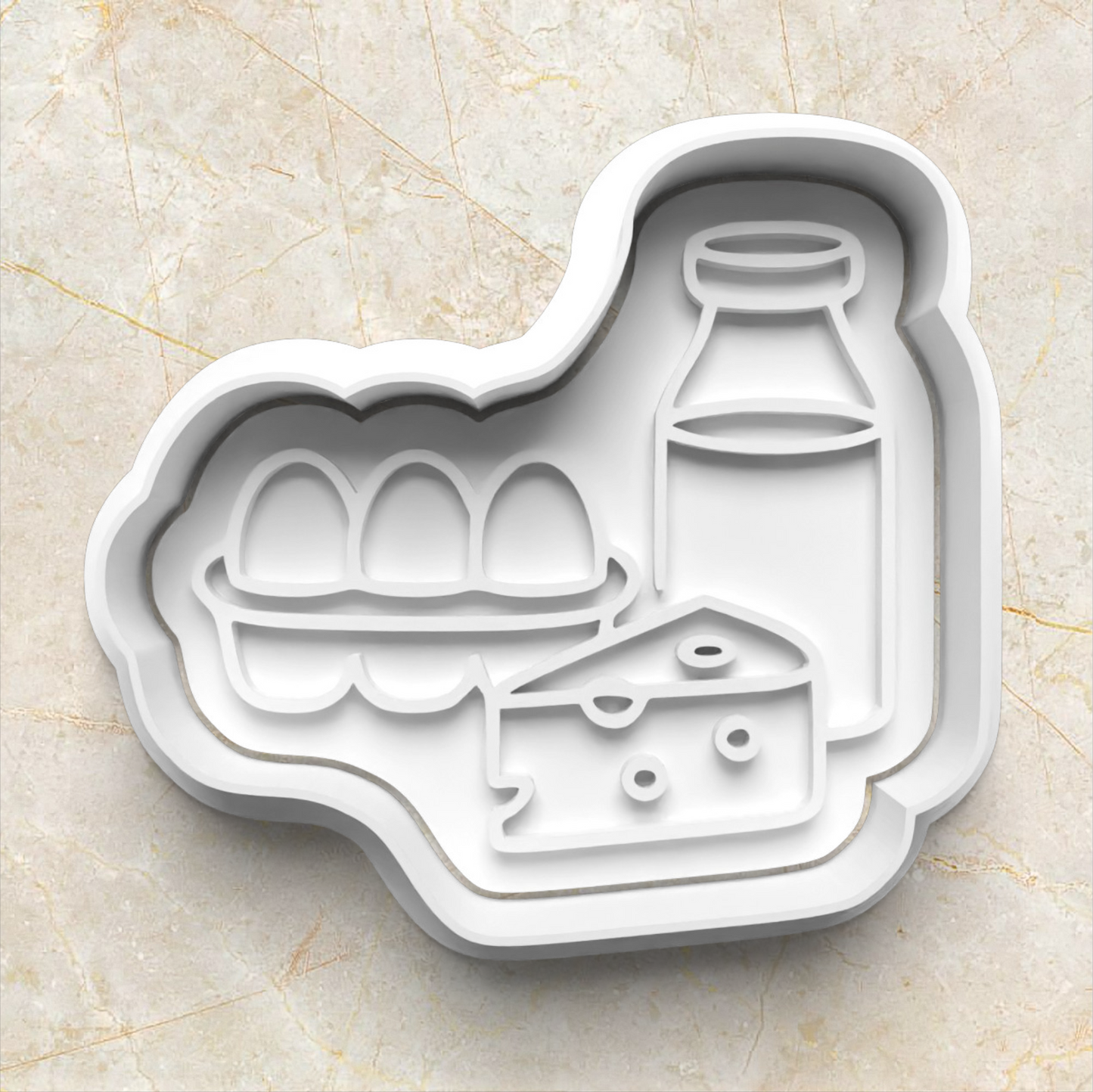 Cookie cutter with food-themed shapes of 3 eggs cheese and milk on a beige marble background Farmer's Market Cookie Cutter and Emboss Stamp