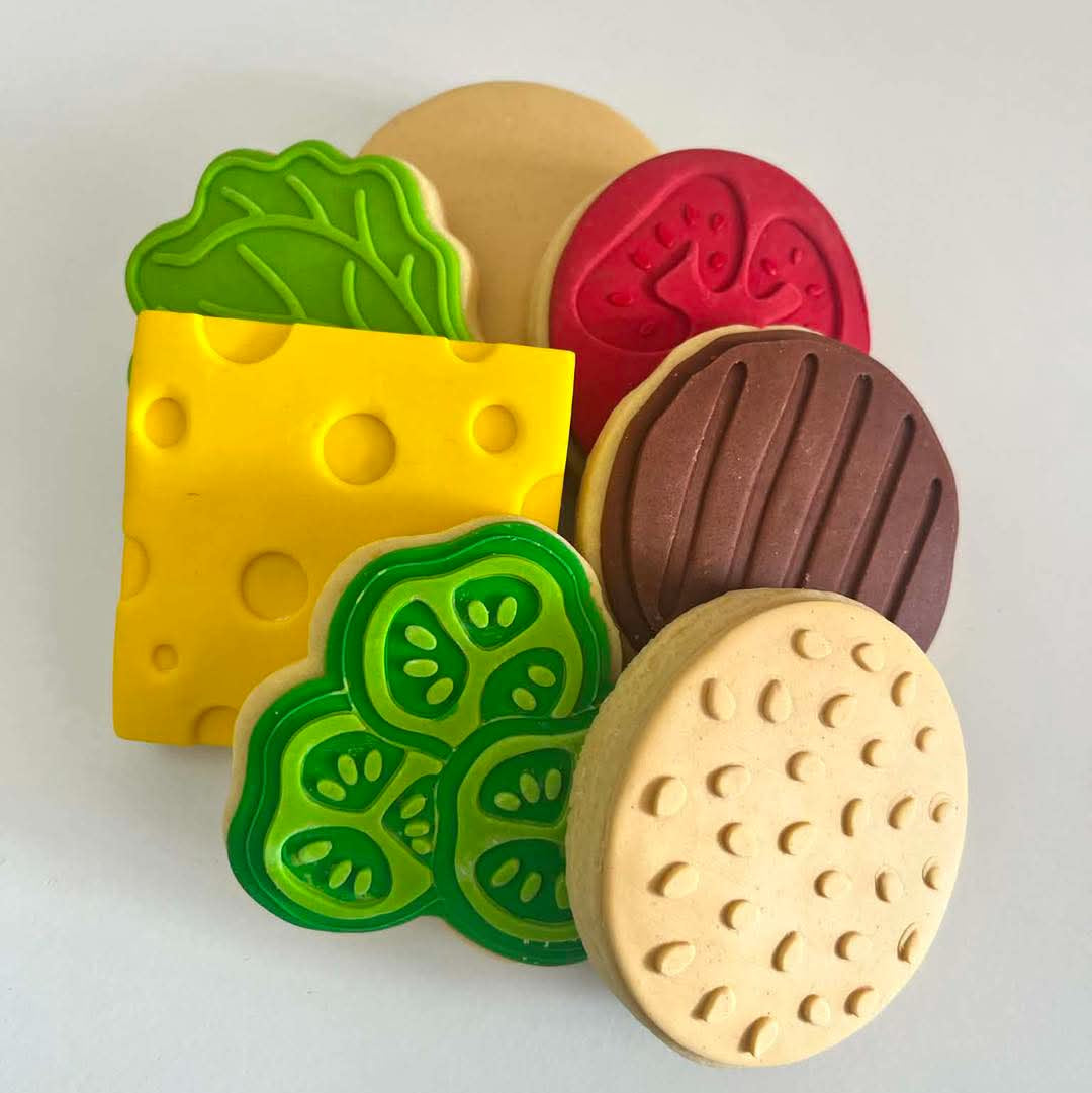 Build a Burger Set Cookie Cutter and Deboss Stamp building the set spread out 