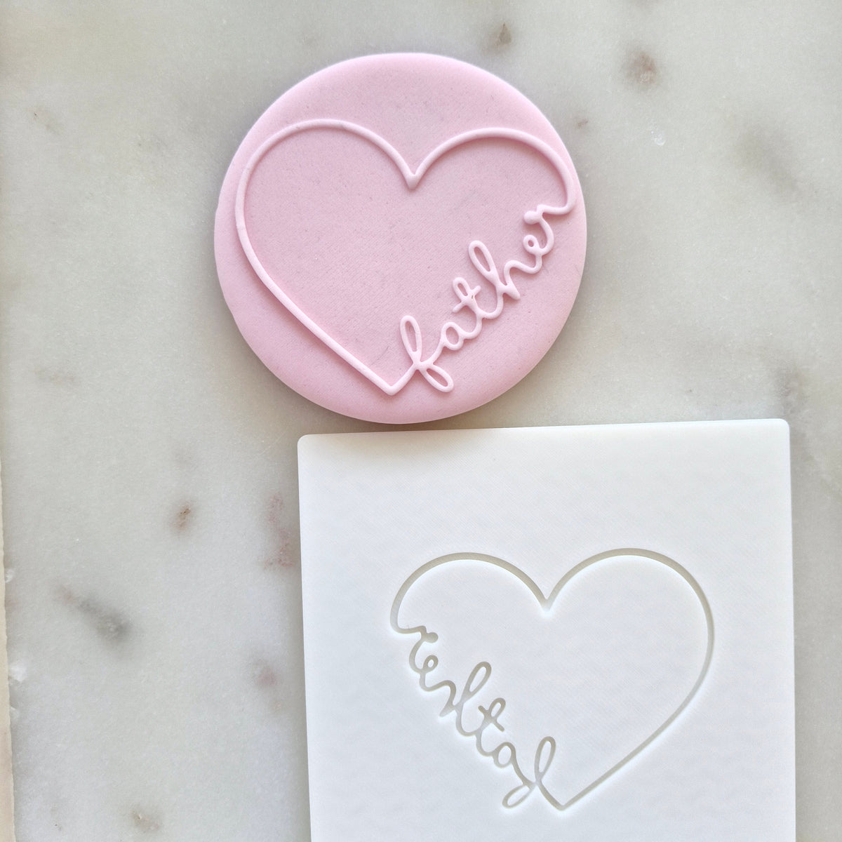 Father's Day Heart Cookie Deboss Plate zoomed out showing both fondant and the deboss stamp plate
