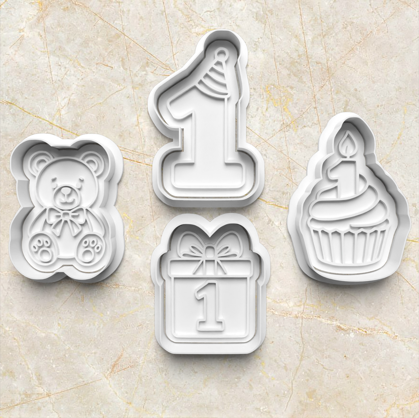 Beary First Birthday Cookie Cutter and Stamp, includes set on marble background