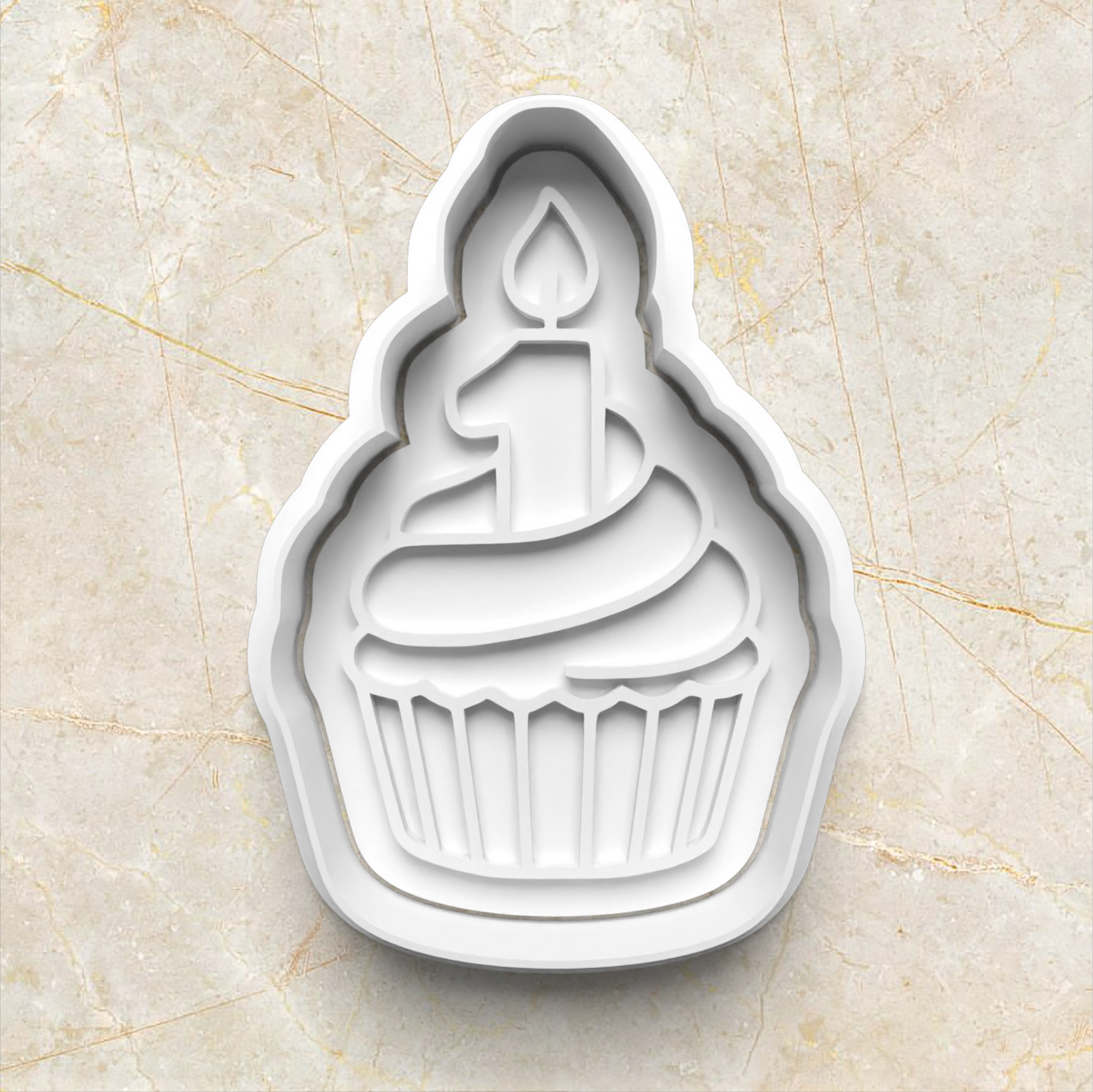 Beary First Birthday Cookie Cutter and Stamp - cupcake with number one candle on beige marble background