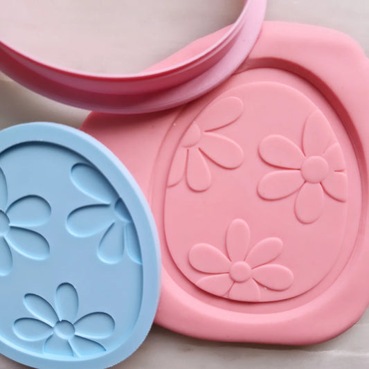 easter egg daisy flowers on it, cookie cutter with stamp and debossed onto fondant Easter Floral Egg Cookie Cutter and Deboss Stamp 