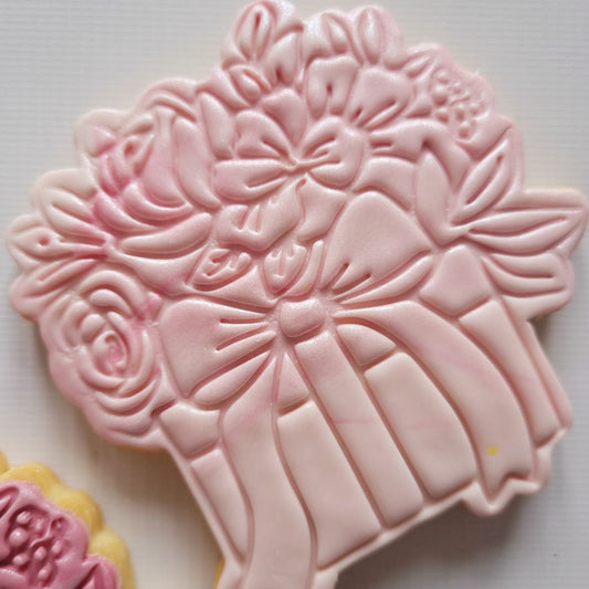 sugar cookie of a box with flowers and bow Floral Gift Box Cookie Cutter and Stamp