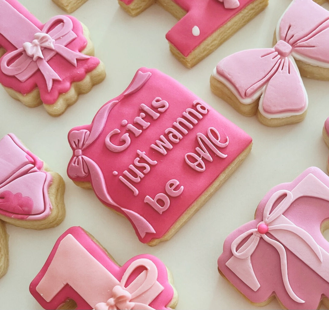 Girls Just Wanna be One Cookie Cutter and Stamp- sugar cookies in dark and light pink tones, on white background
