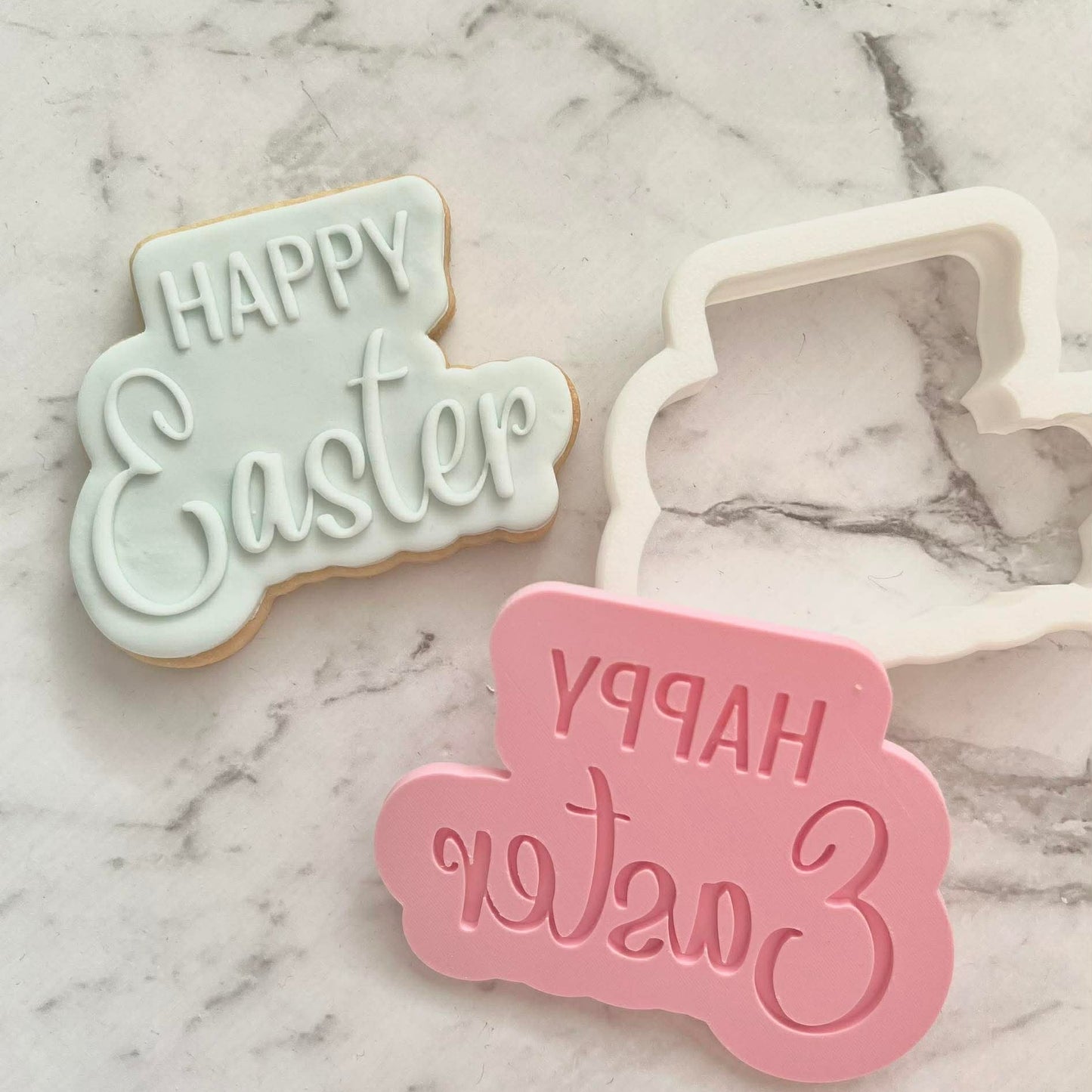 Happy Easter Cookie Cutter and Deboss Stamp - Baking Tool,  on white marble background