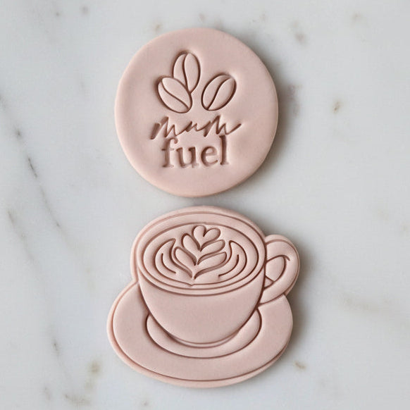 Mum Fuel Set Cookie Cutter and Stamp mother's day set, on white marble background
