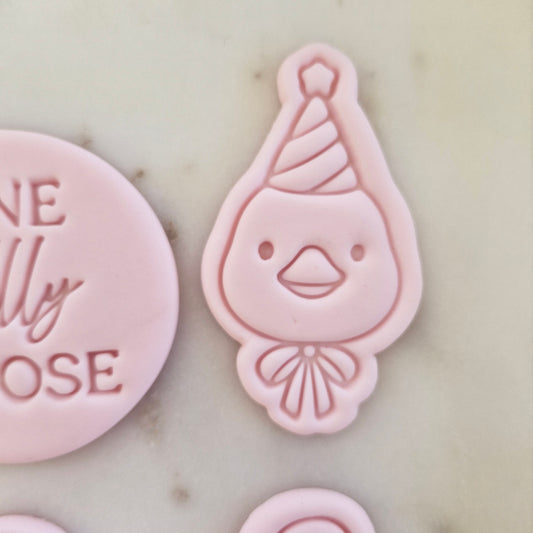 One Silly Goose Set Cookie Cutter and Stamp goose head with party hat