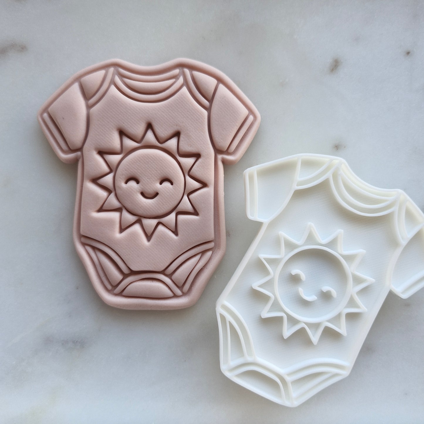 Baby Onesie with Son Cookie Cutter and Stamp - Baking Tool, ZOOMED OUT, marble background Here Comes the Son Set Cookie Cutter and Stamp Baking Tool