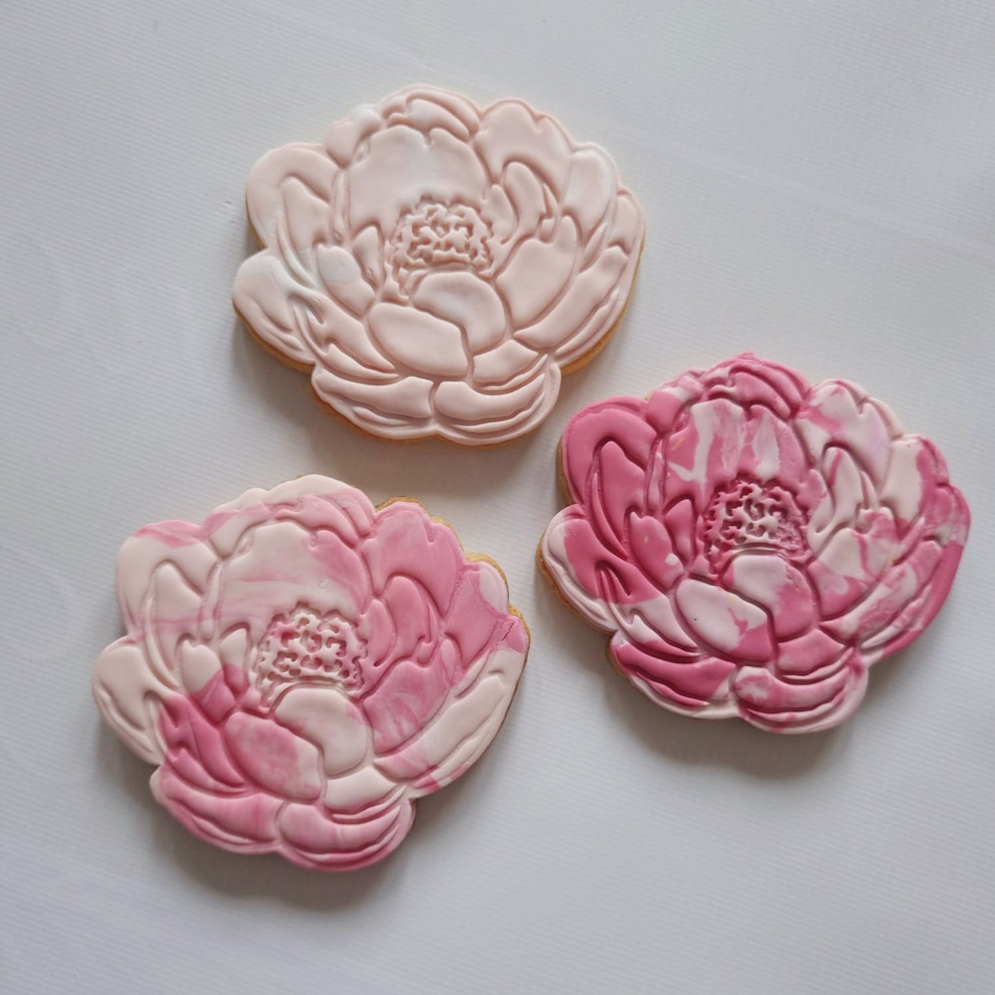 3 peony sugar cookie flowers laying on a white background Peony Flower Cookie Cutter and Stamp 