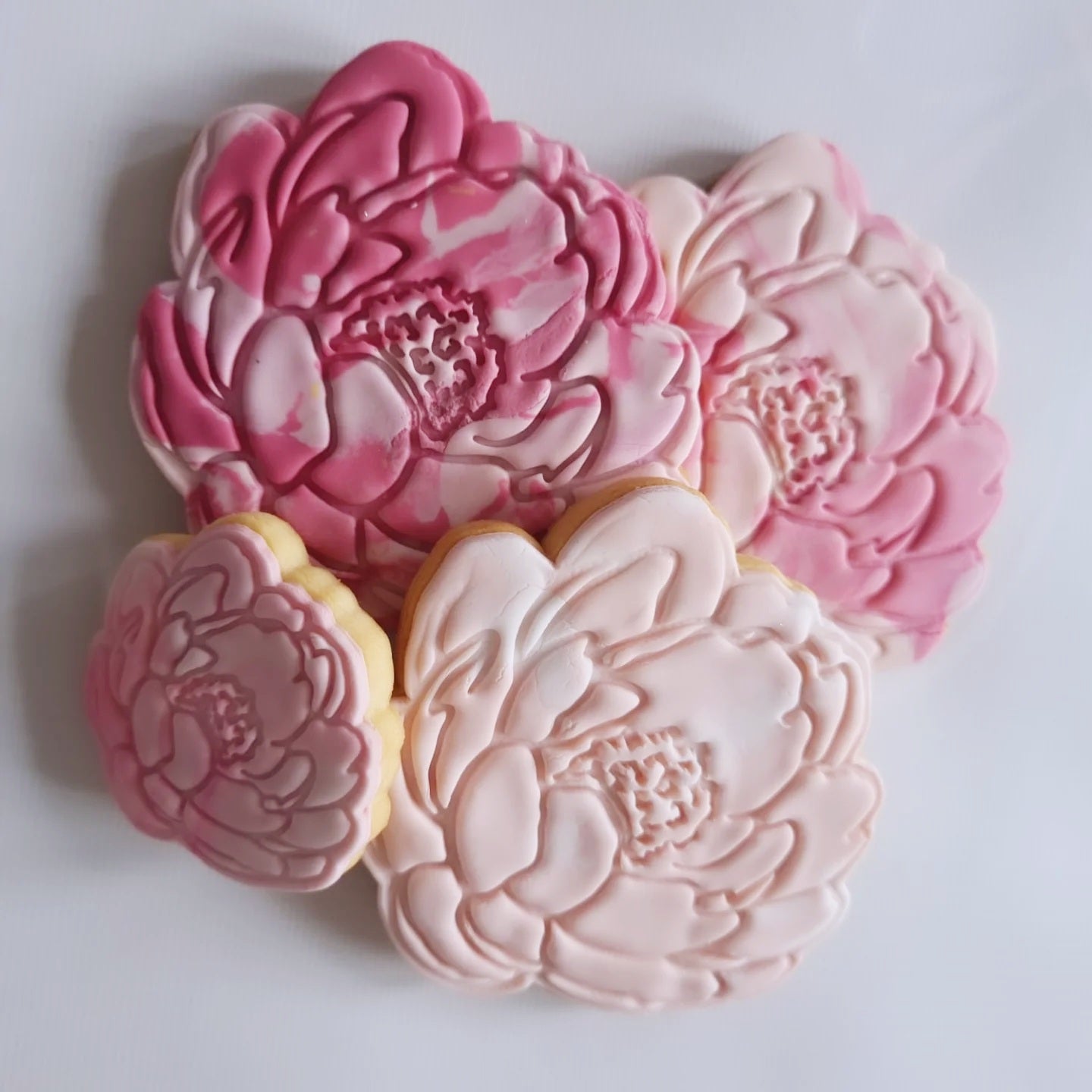 3 large peony flower sugar cookies and a small peony flower Peony Flower Cookie Cutter and Stamp 