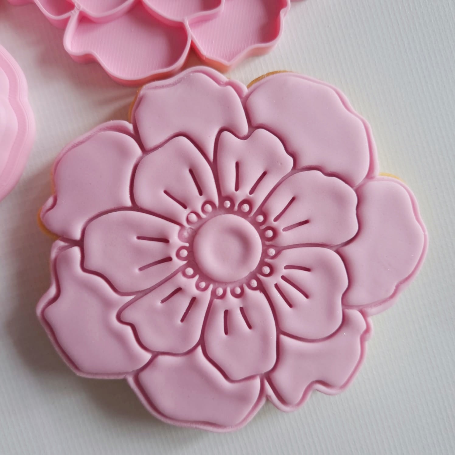 peony pink sugar cookie in shape of flour on white background Open Peony Flower Cookie Cutter and Stamp