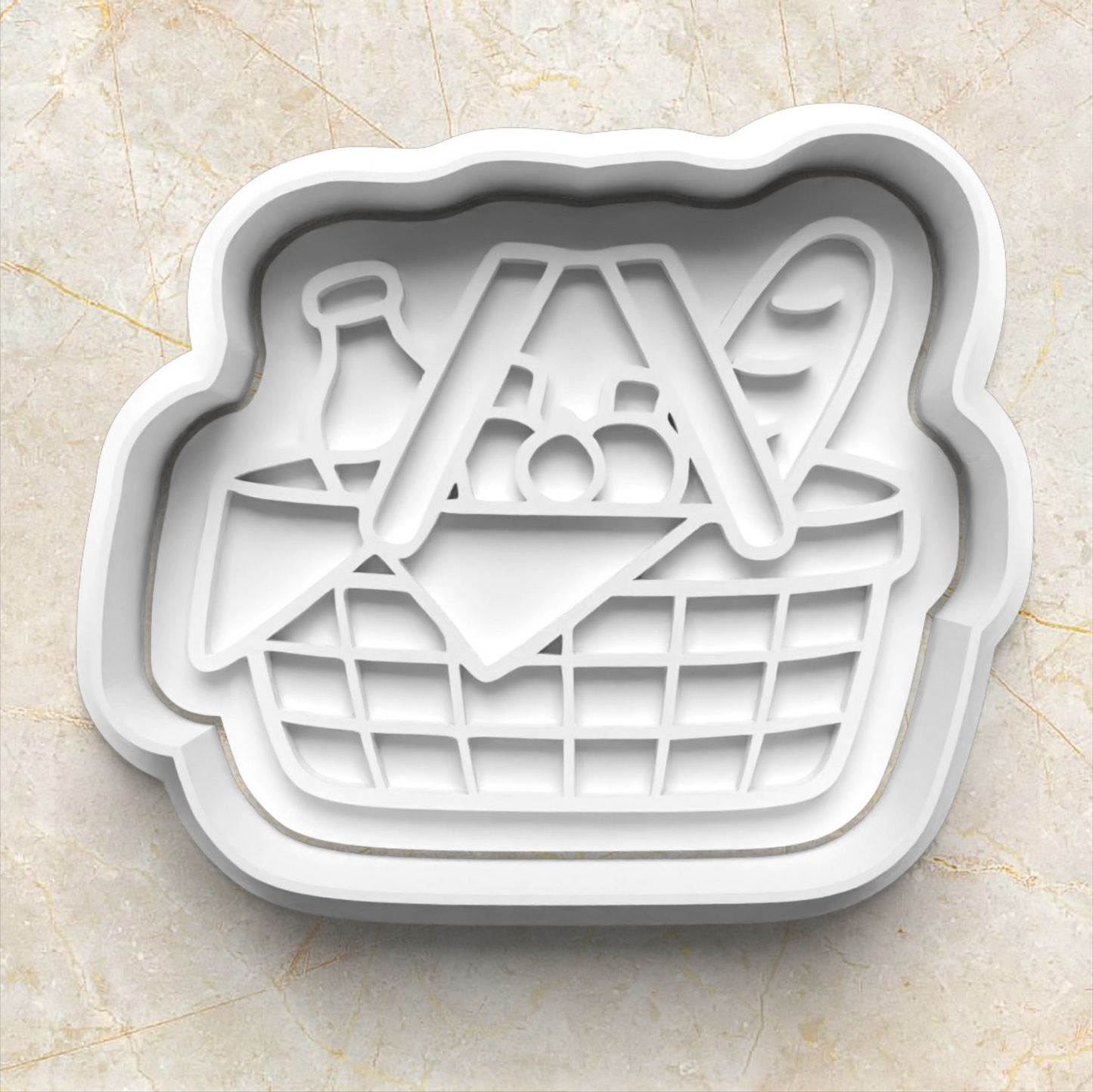 Picnic basket cookie cutter on a beige surface Picnic Cookie Cutter and Emboss Stamp