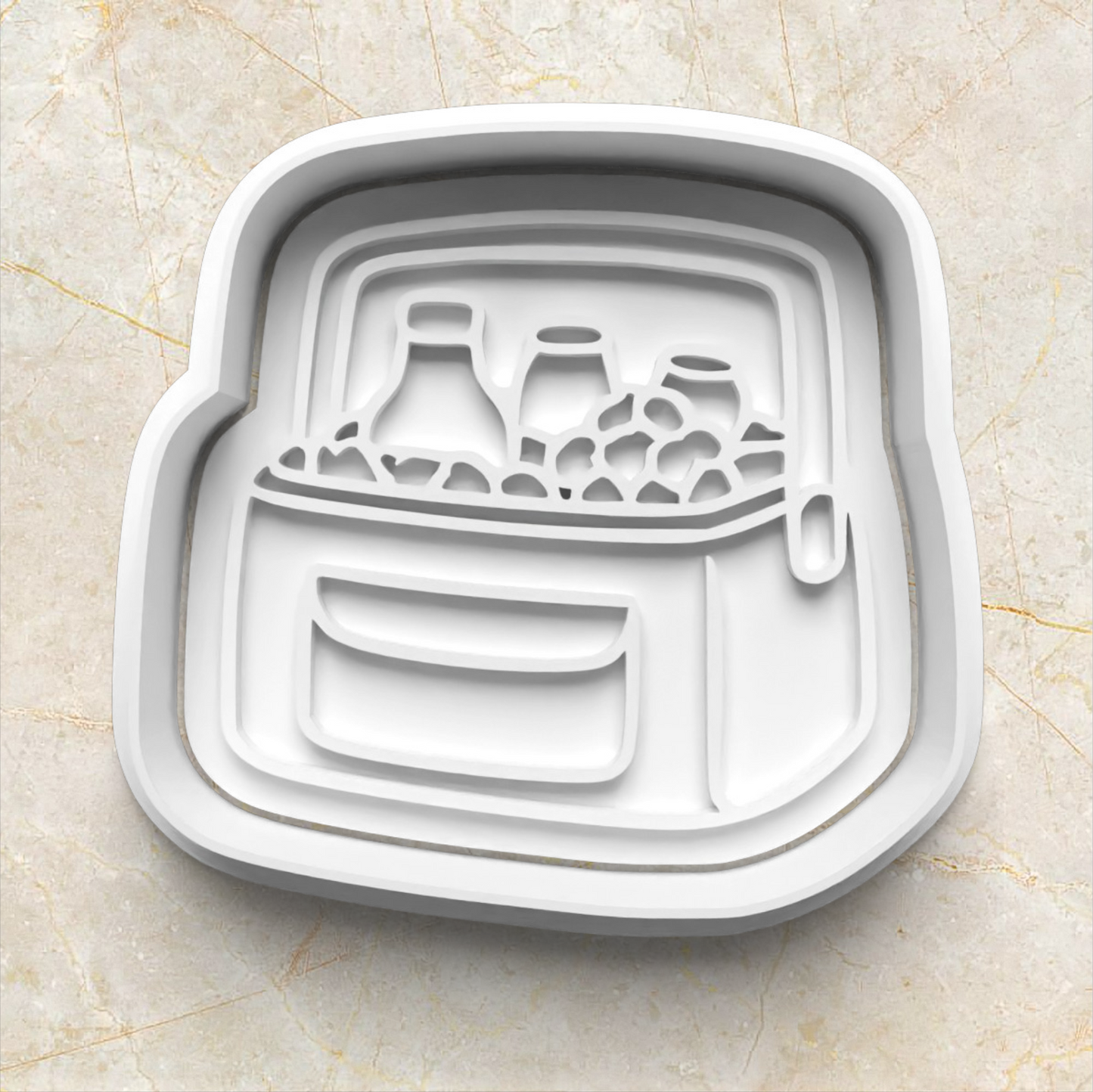 cookie cutter and stamp shaped in an esky with drinks in it on beige marble background Picnic Cookie Cutter and Emboss Stamp