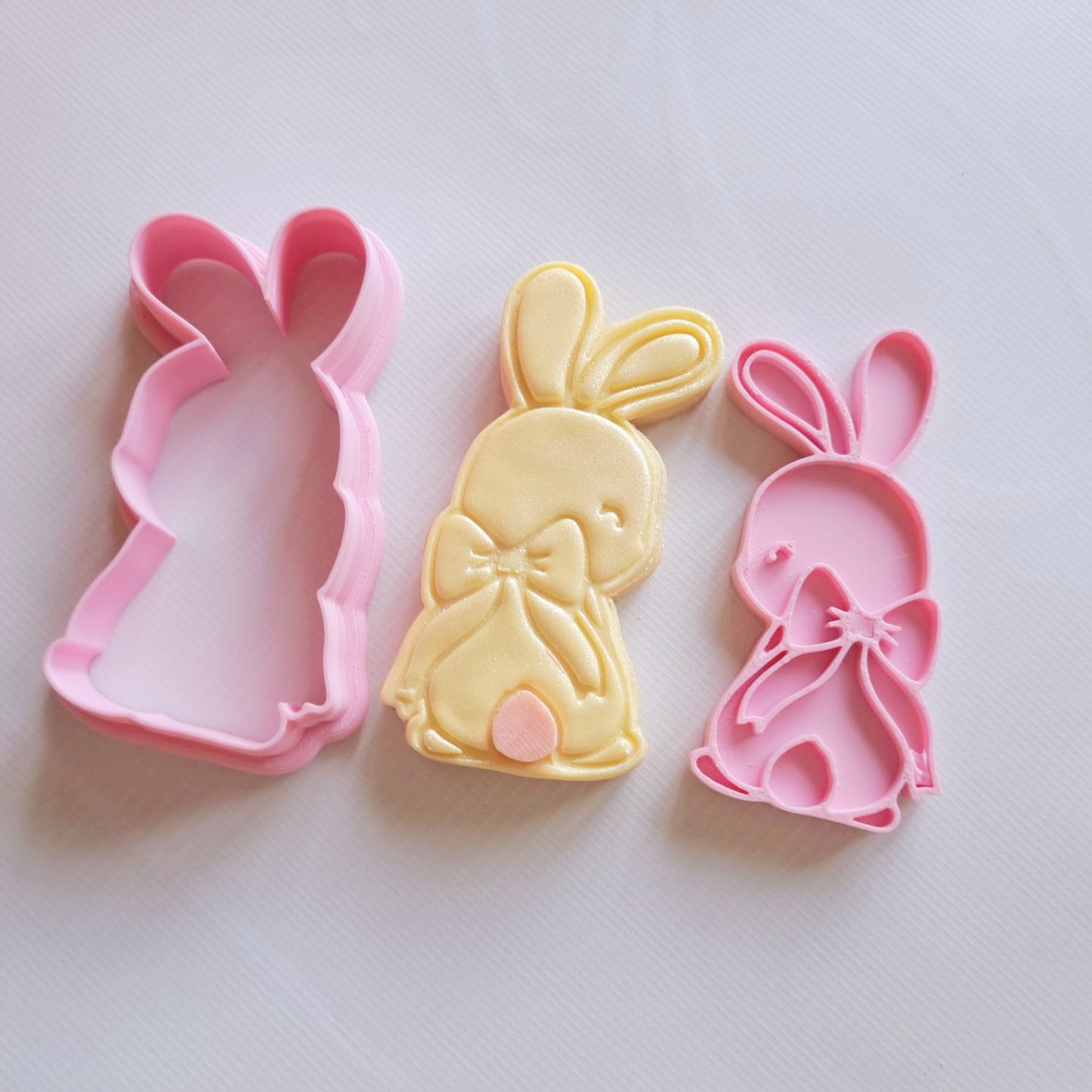 Coquette Bunny with Bow Cookie Cutter and Stamp, pink cookie cutter and yellow sugar cookie