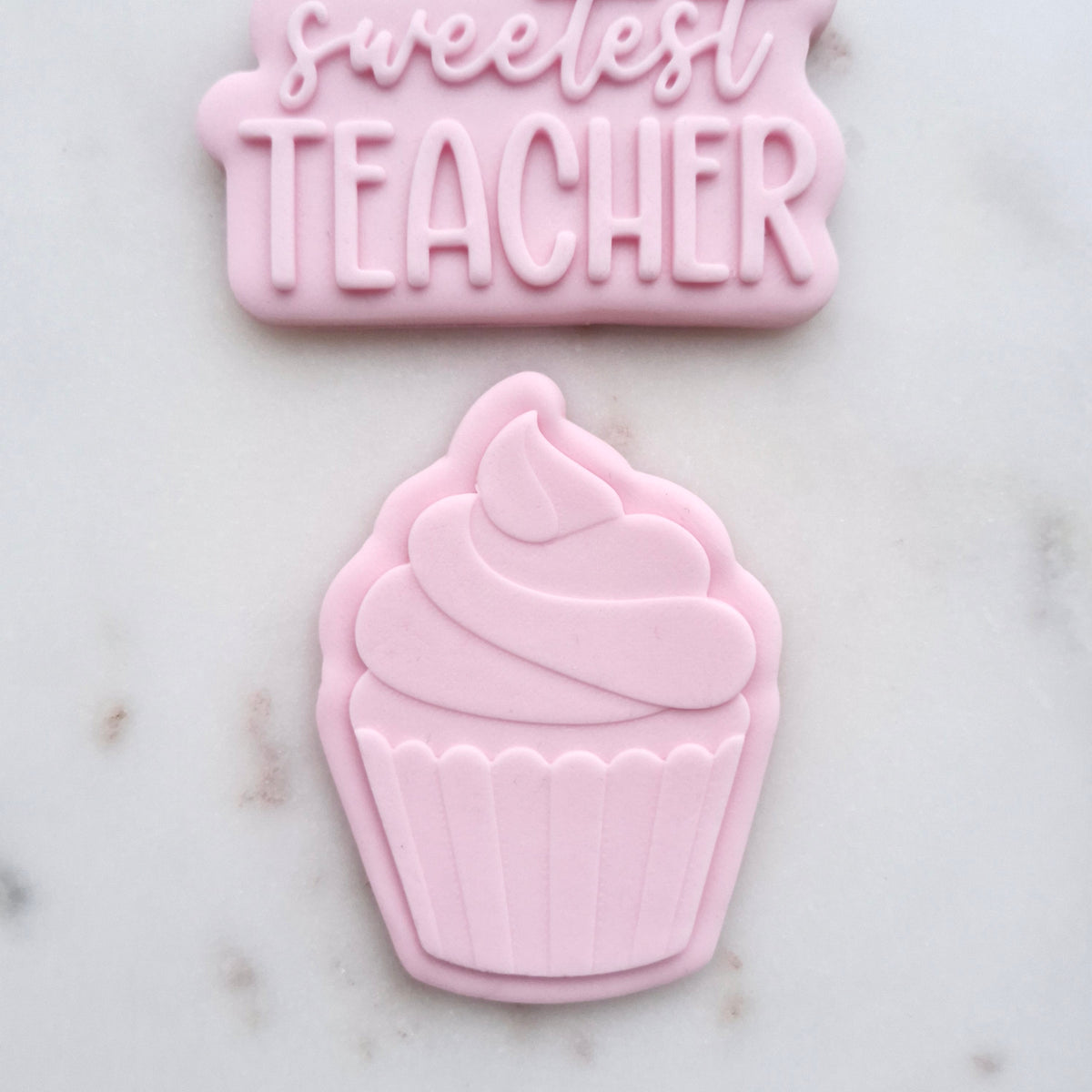 Sweetest Teacher Set Cookie Cutter and Stamp zoomed in on cupcake