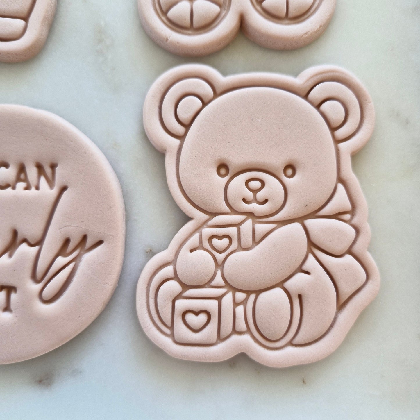 Baby Bear with Blocks Cookie Cutter and Stamp zoomed in 