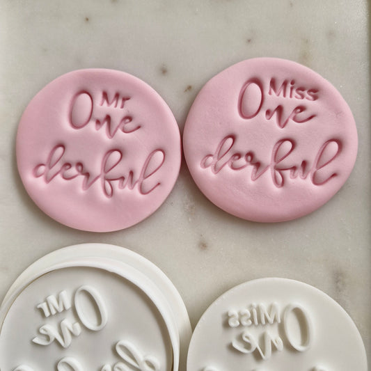 Miss and Mr One-derful Set Cookie Cutter and Stamp set of 2