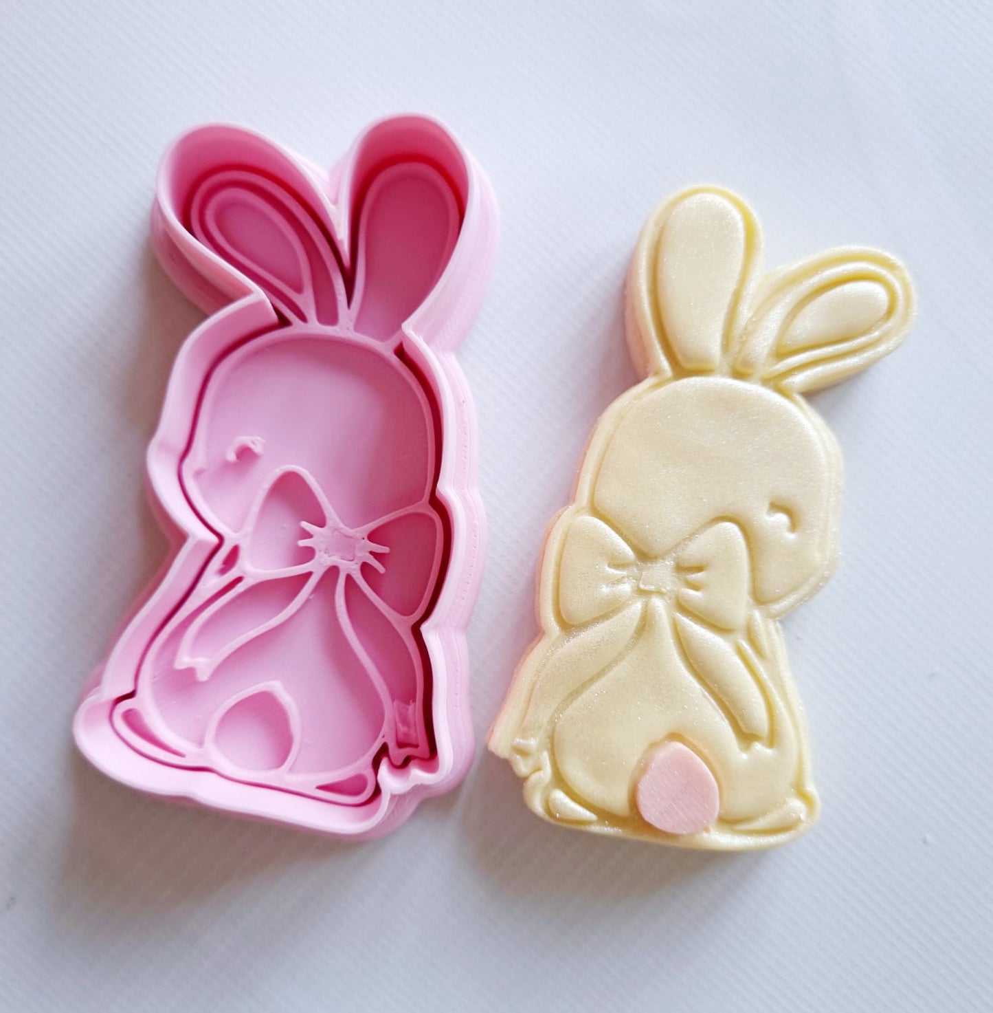 Coquette Bunny with Bow Cookie Cutter and Stamp, sugar cookie and cookie cutter with stamp on white background