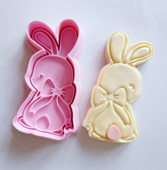 Coquette Bunny with Bow Cookie Cutter and Stamp, sugar cookie and cookie cutter with stamp on white background
