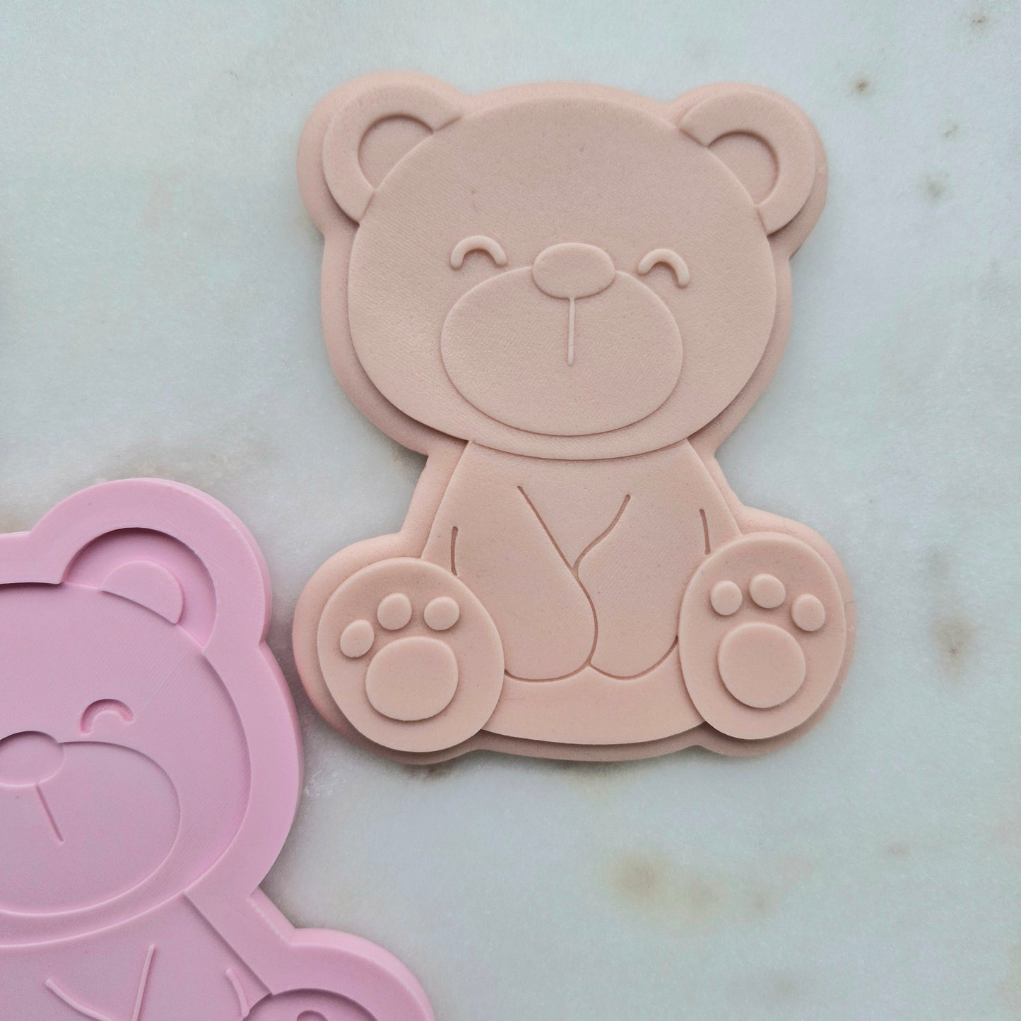 Sitting Bear Cookie Cutter and Stamp - Baking Tool zoomed out on white marble stone