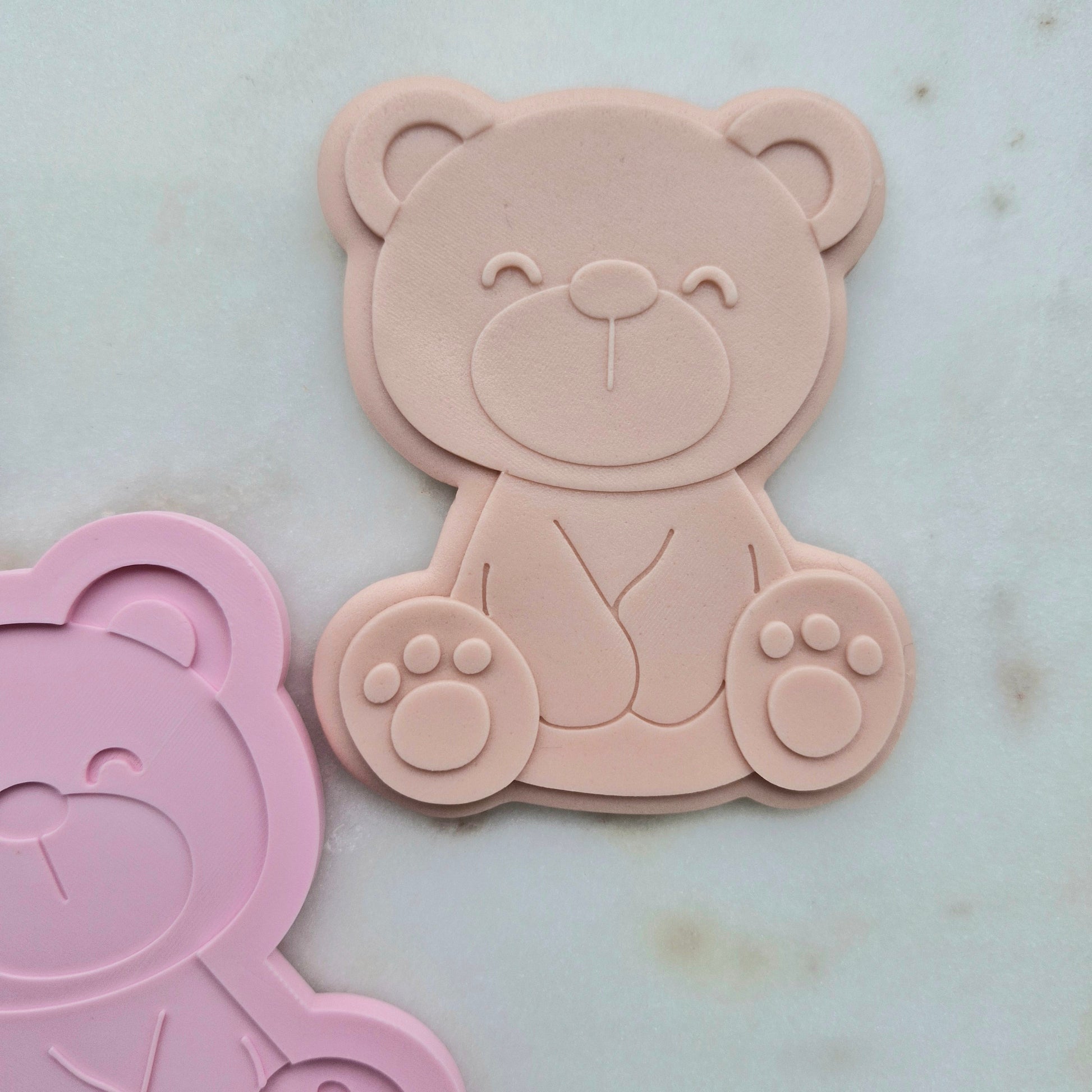 Sitting Bear Cookie Cutter and Stamp - Baking Tool zoomed out on white marble stone