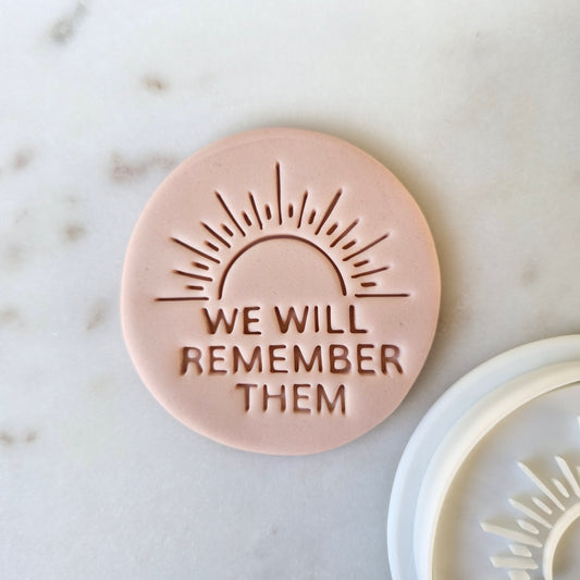 We Will Remember Them Cookie Cutter and Stamp, zoomed in on white marble background