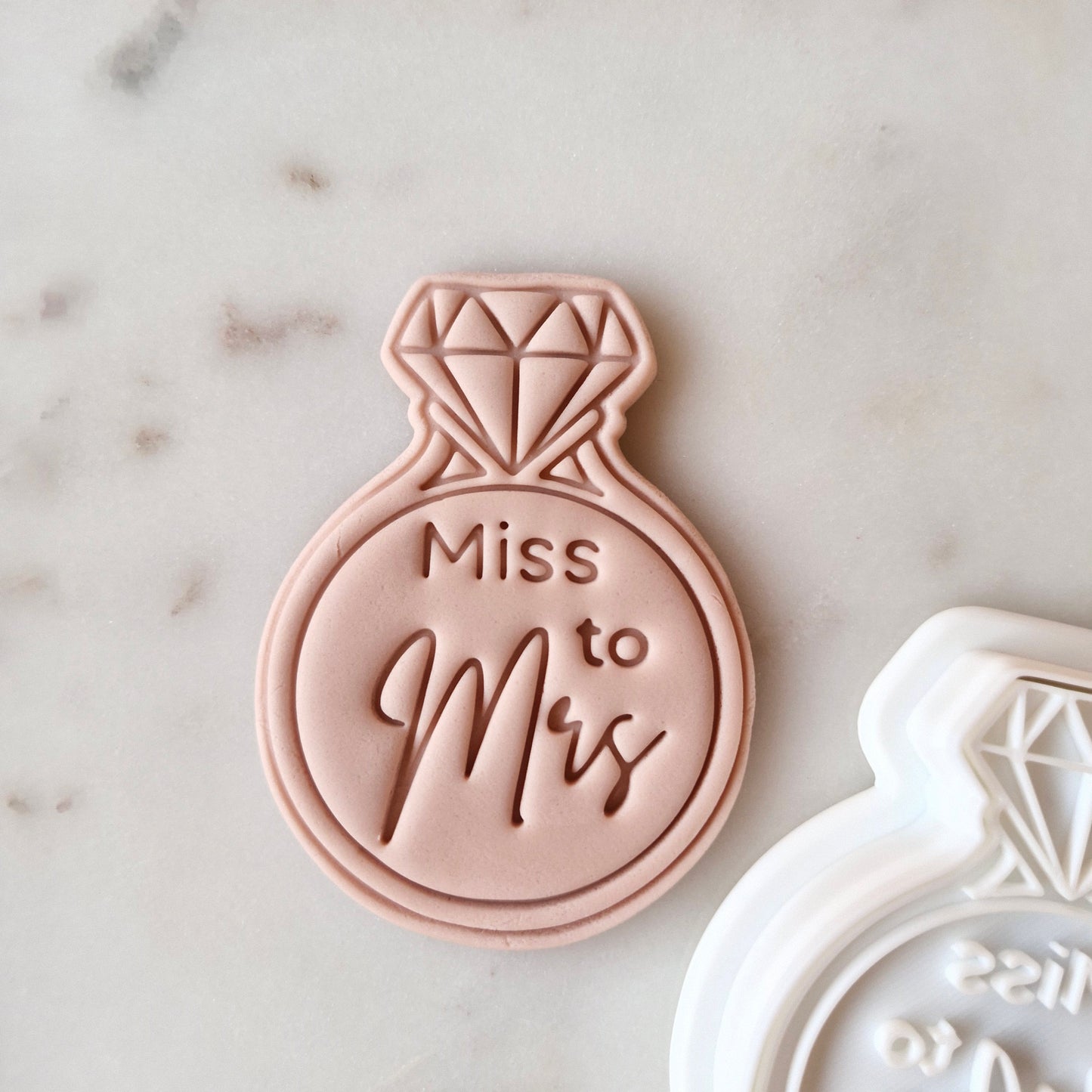 Miss to Mrs Ring Cookie Cutter and Stamp zoomed in and on white background