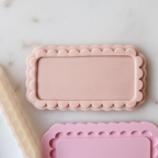 Scalloped Rectangle Frame Cookie Cutter and Deboss Stamp zoomed in