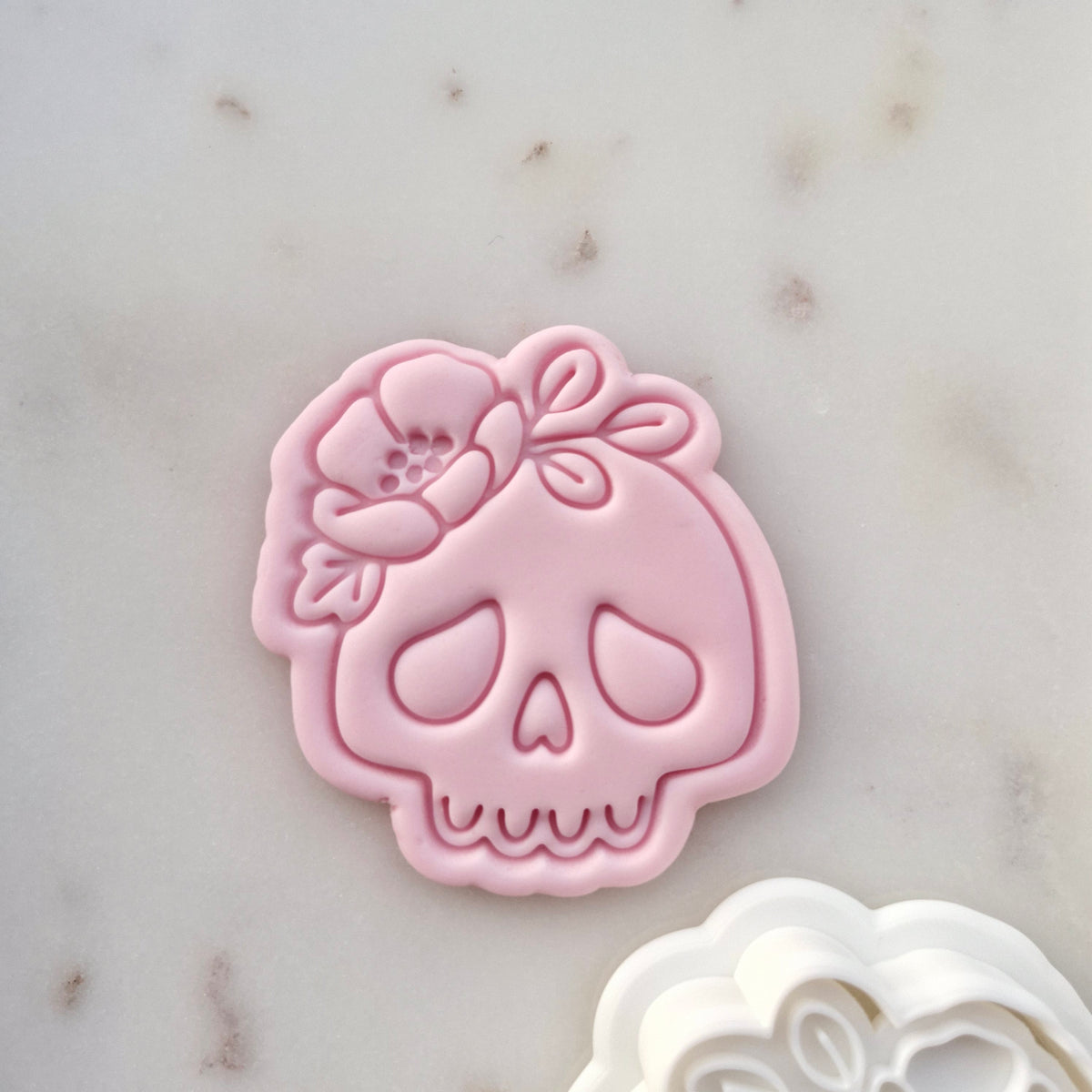 Skeleton Head with Flower on Head Cookie Cutter and Stamp zoomed in 