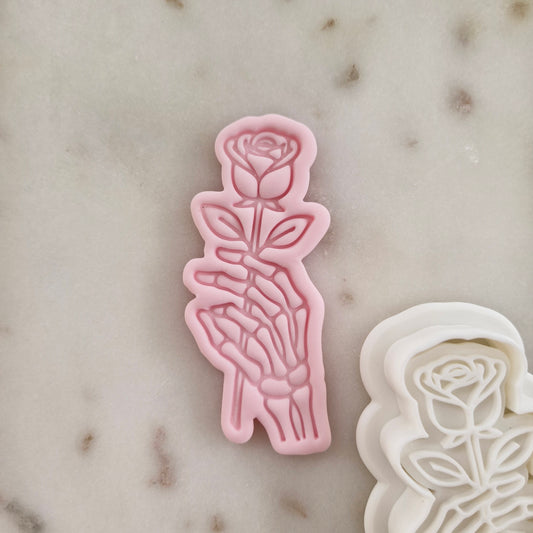 Skeleton Hand Holding Rose Cookie Cutter and Stamp zoomed in