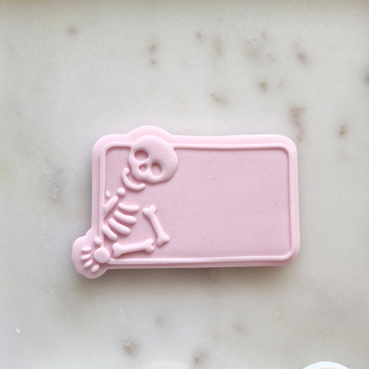 Skeleton Name Plaque Cookie Cutter and Deboss Stamp zoomed in 