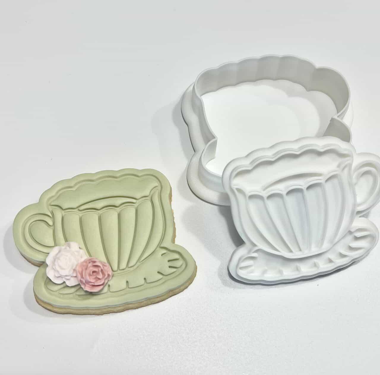 Teacup Cookie Cutter and Stamp with sugar cookie