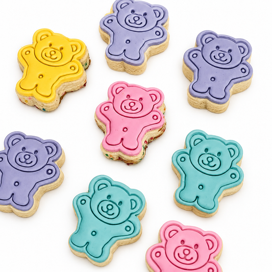 Tiny Teddy Bear Cookie Cutter and Stamp cookies on white background